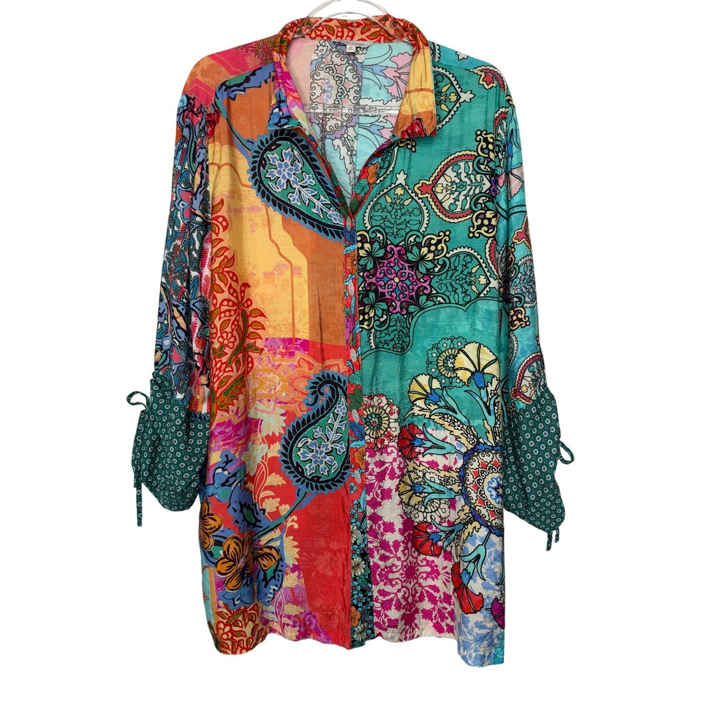 John Mark Tunic Top 1X Multi Color Paisley Patchwork Tie Cuff Button Up Boho Art